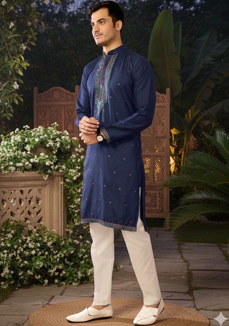 Navy Blue Embroidered Silk Kurta Set For Men - Indya