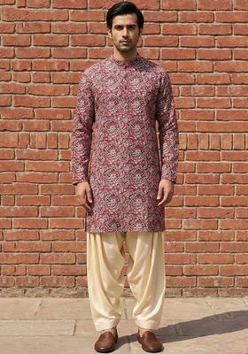 Maroon Printed Cotton Kurta Set For Men