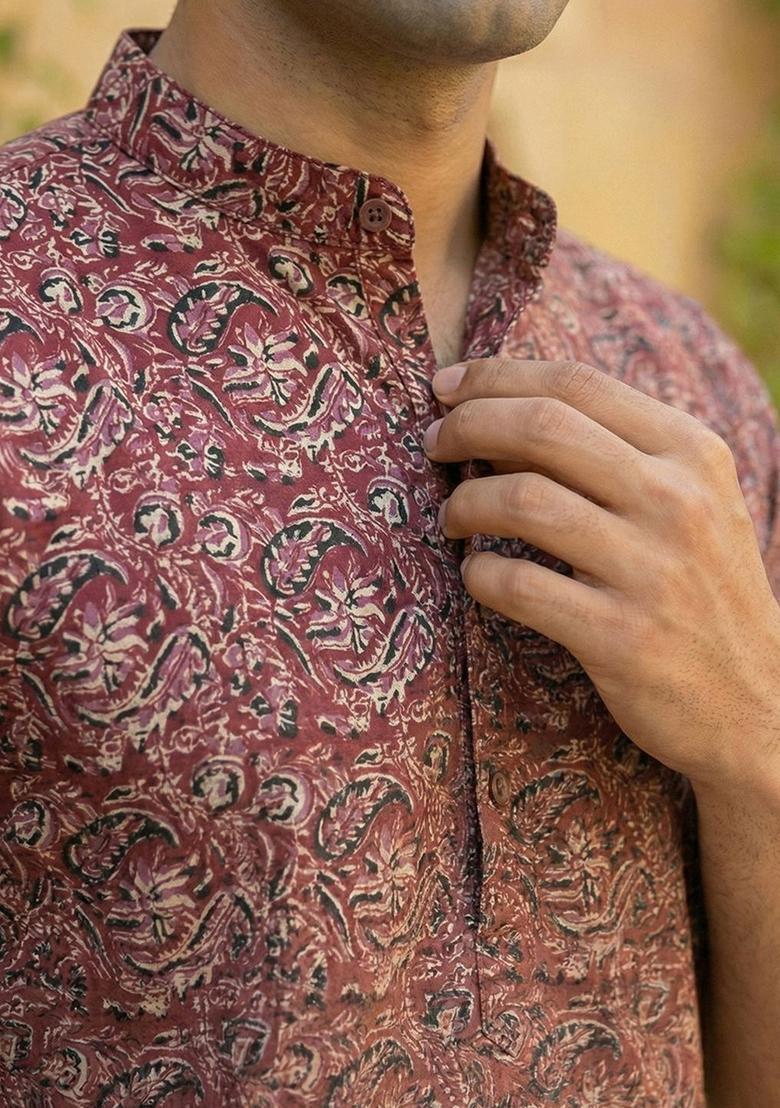 Maroon Printed Cotton Kurta Set For Men - Indya