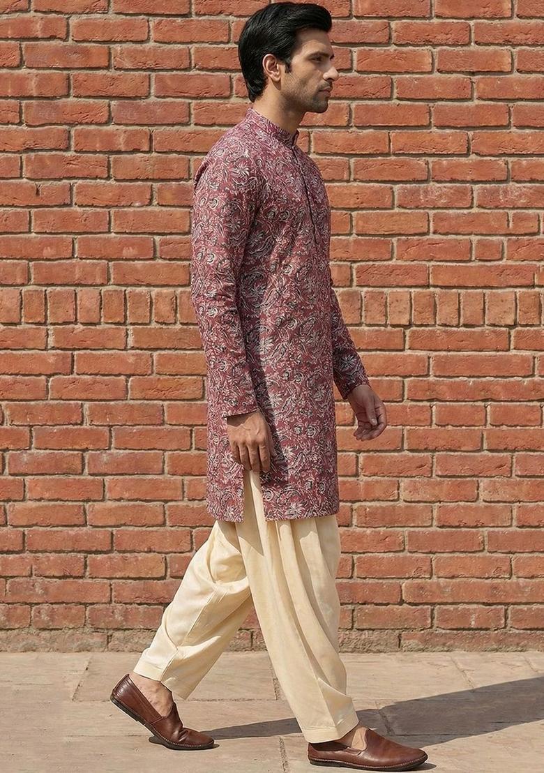 Maroon Printed Cotton Kurta Set For Men - Indya