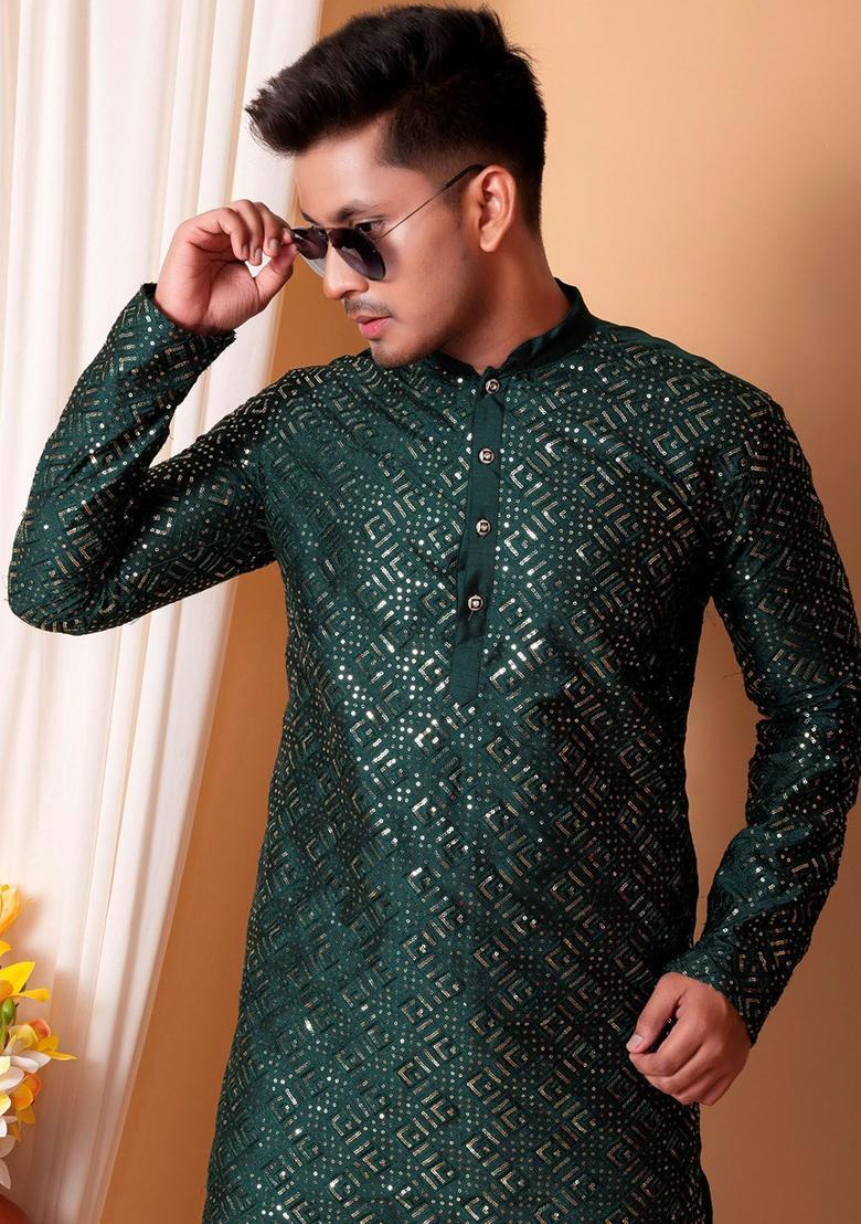 Green Embroidered Silk Kurta Set For Men - Indya