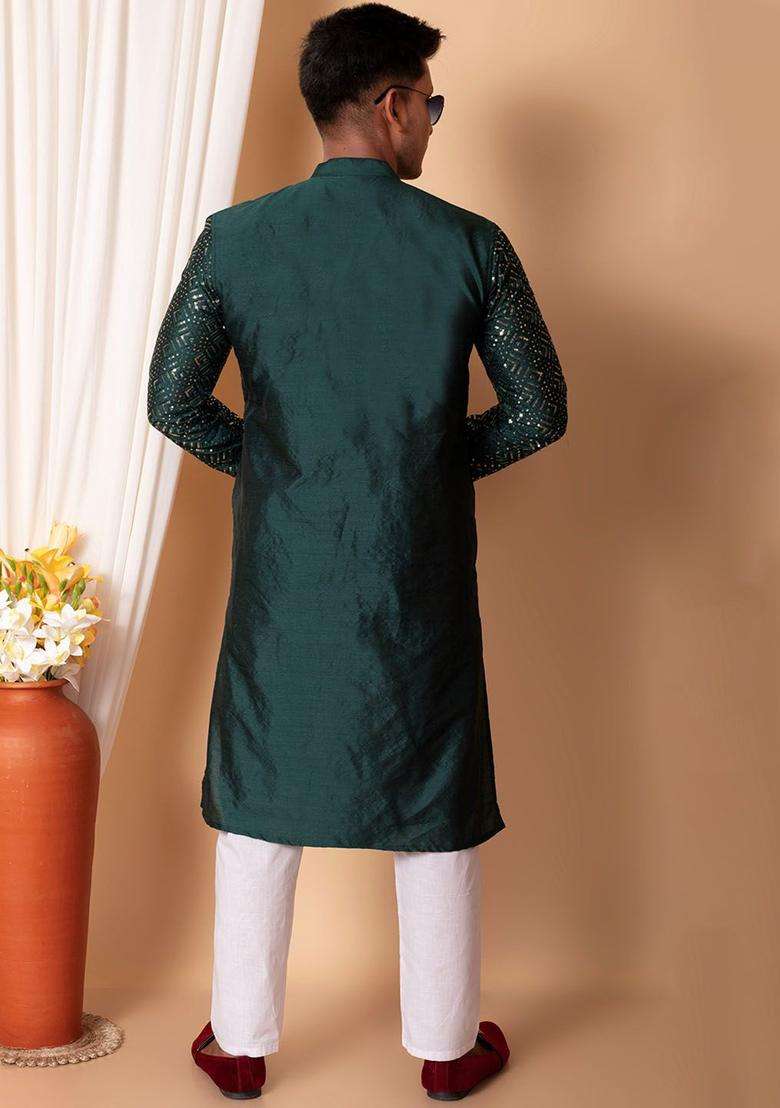 Green Embroidered Silk Blend Kurta Set For Men - Indya