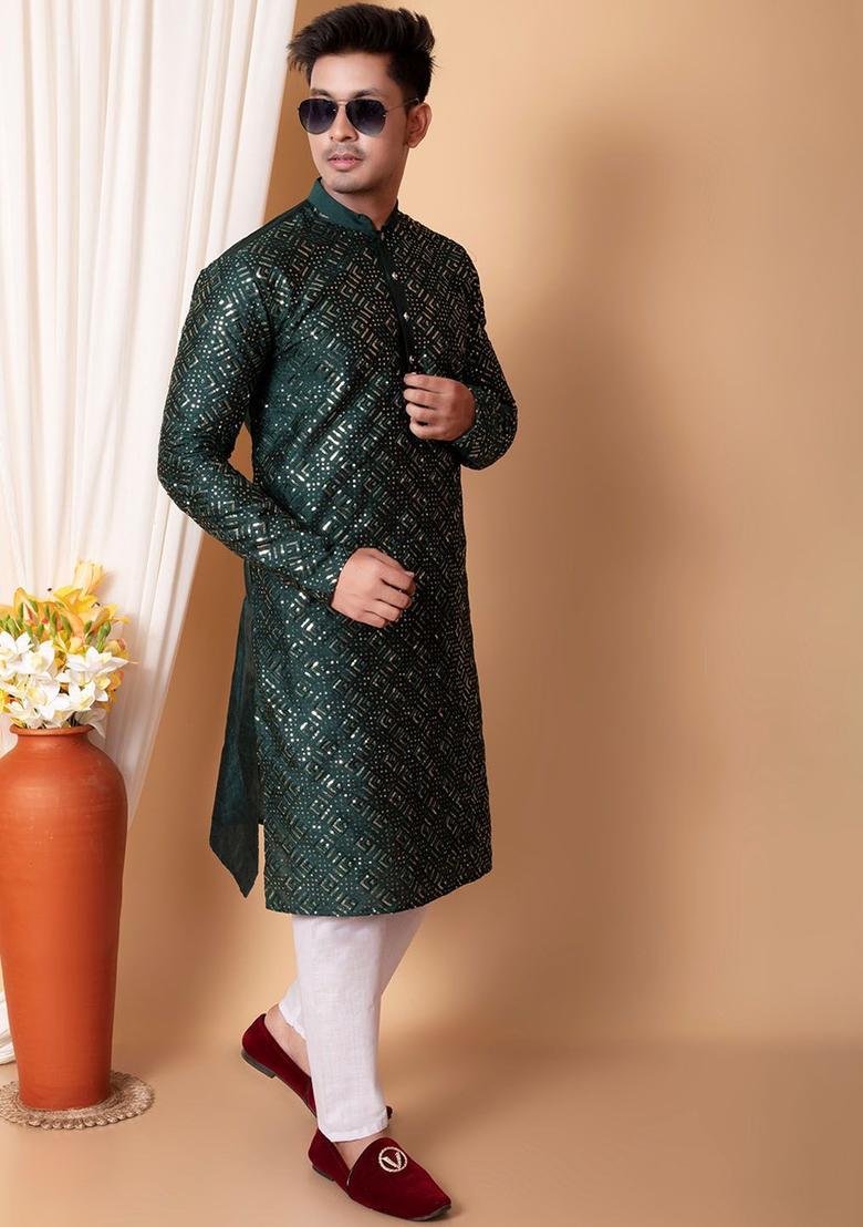 Green Embroidered Silk Kurta Set For Men - Indya