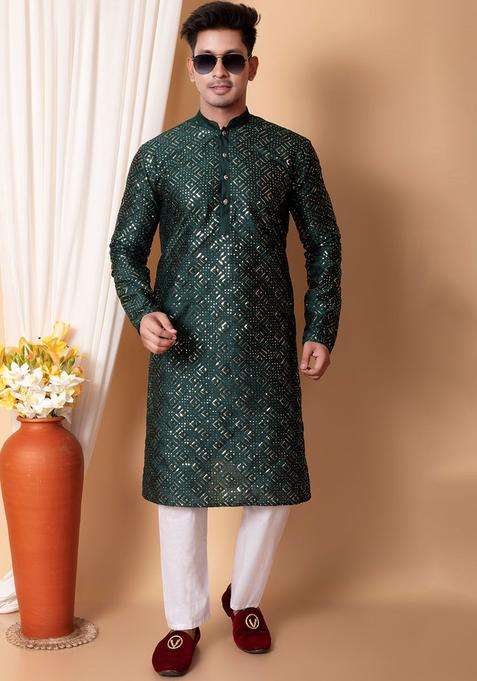 Green Embroidered Silk Blend Kurta Set For Men