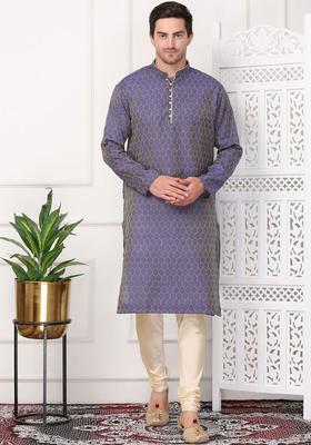 Blue Woven Design Cotton Kurta Set For Men