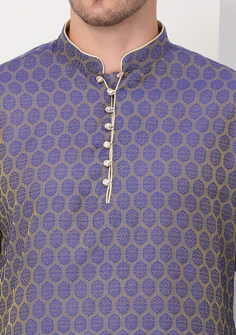 Blue Woven Design Cotton Kurta Set For Men - Indya