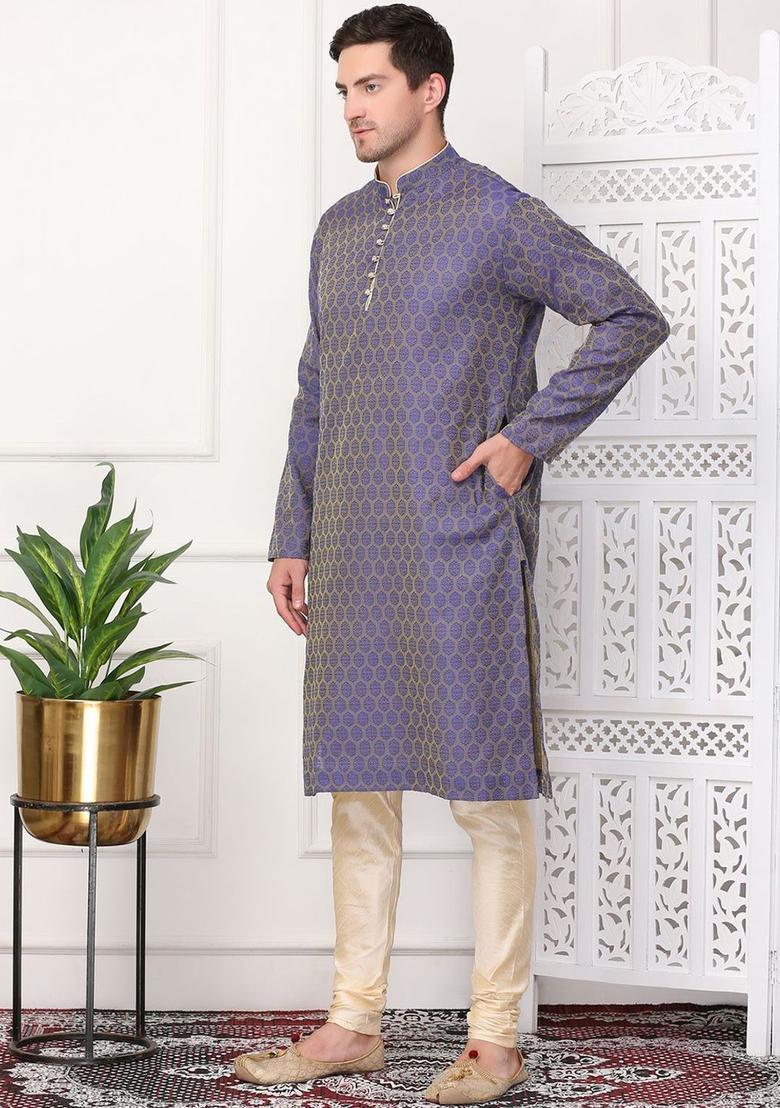 Blue Woven Design Cotton Kurta Set For Men - Indya