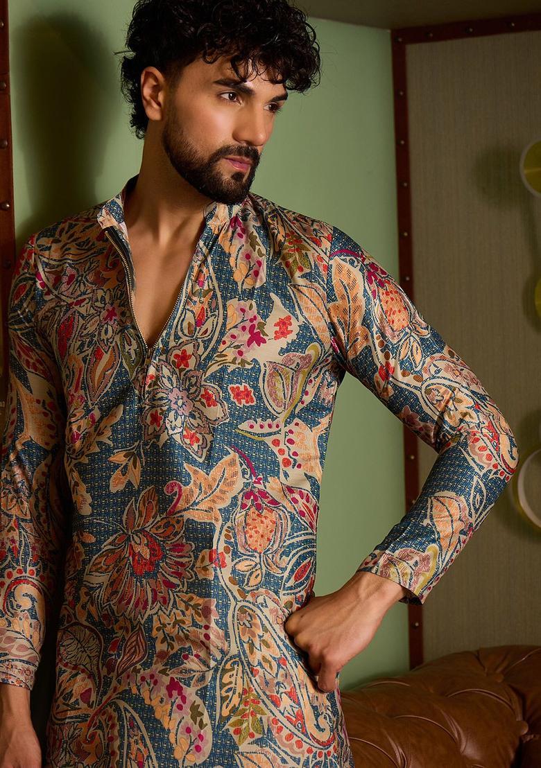 Blue Printed Silk Kurta Set For Men - Indya