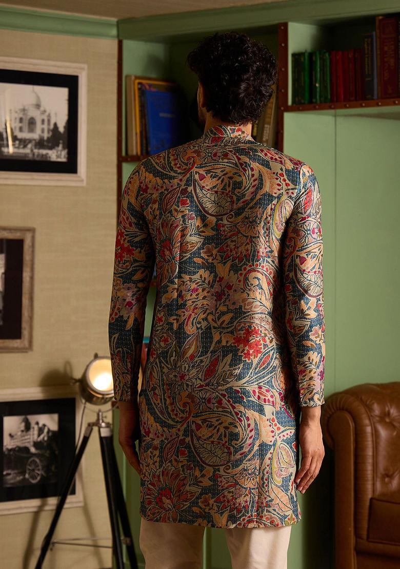 Blue Printed Silk Kurta Set For Men - Indya
