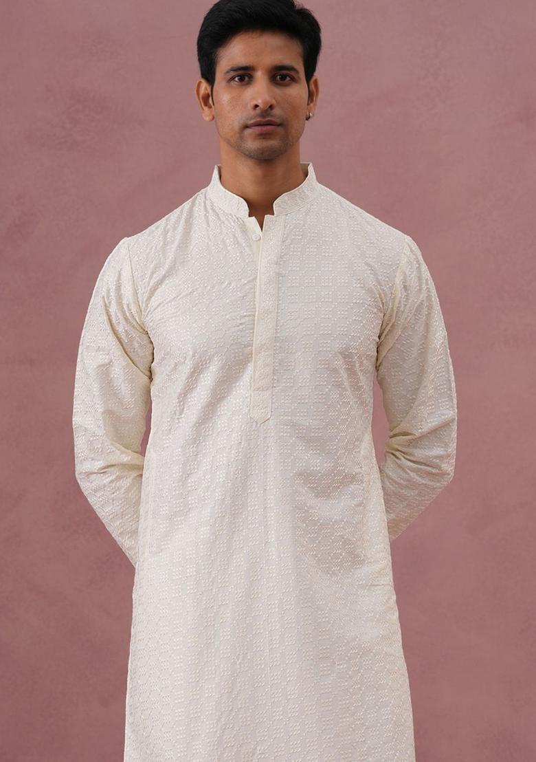 Off White Self Design Silk Kurta Set For Men - Indya