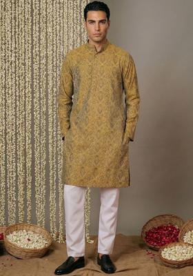 Yellow Woven Design Silk Kurta Set For Men