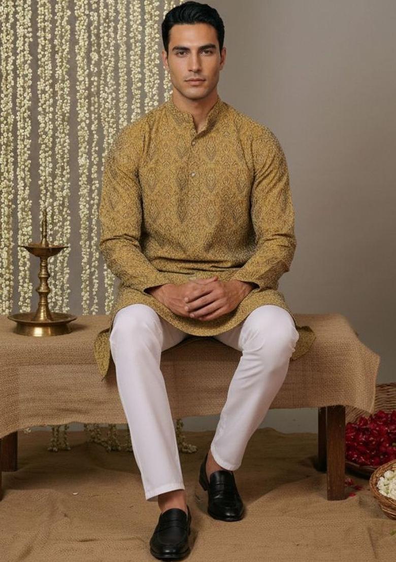 Yellow Woven Design Silk Kurta Set For Men - Indya