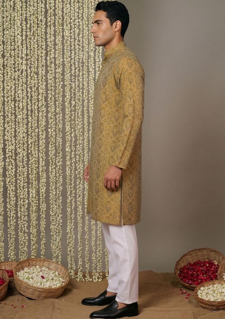 Yellow Woven Design Silk Kurta Set For Men - Indya