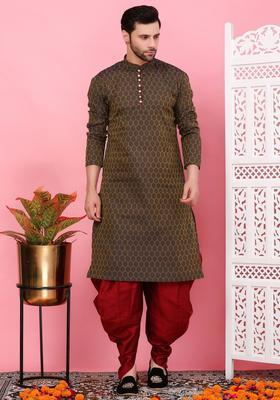 Olive Woven Design Cotton Kurta Set For Men