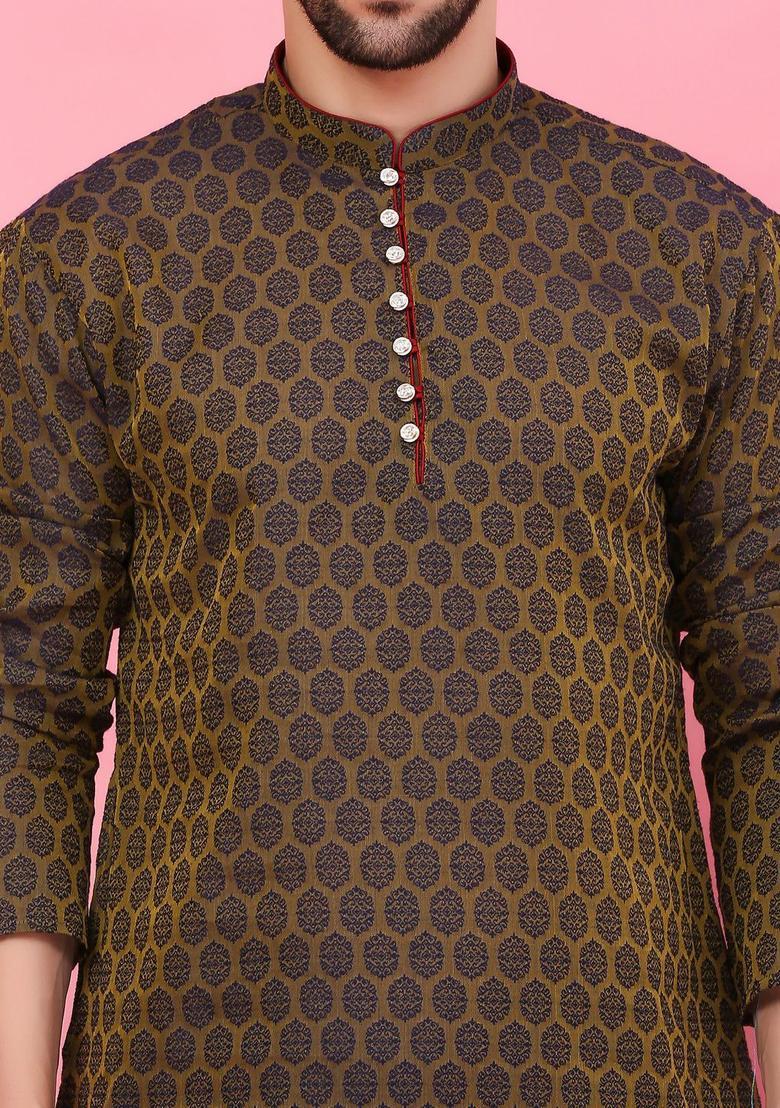 Olive Woven Design Cotton Kurta Set For Men - Indya