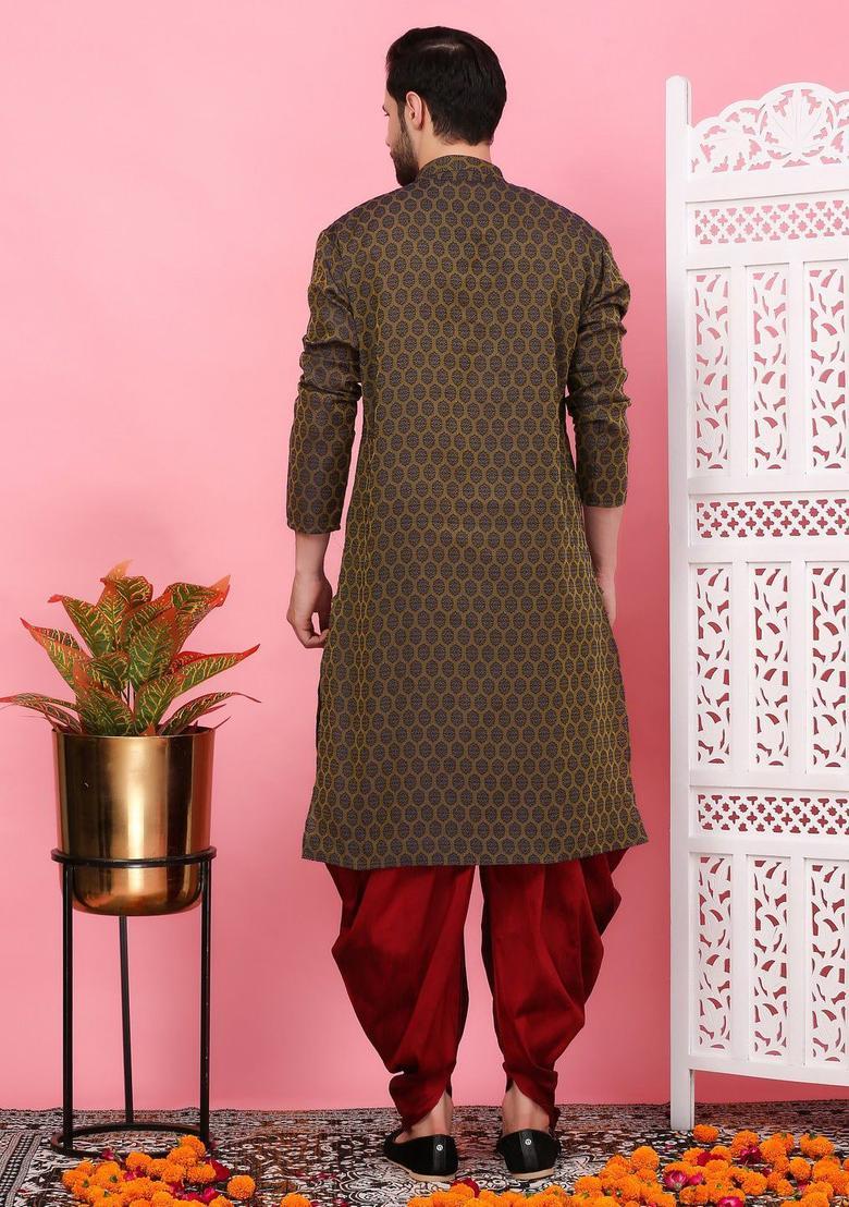 Olive Woven Design Cotton Kurta Set For Men - Indya