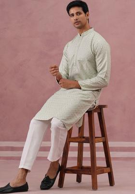 Lime Green Self Design Silk Kurta Set For Men
