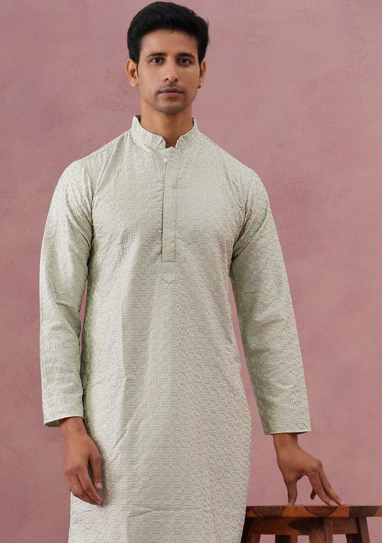 Lime Green Self Design Silk Kurta Set For Men - Indya