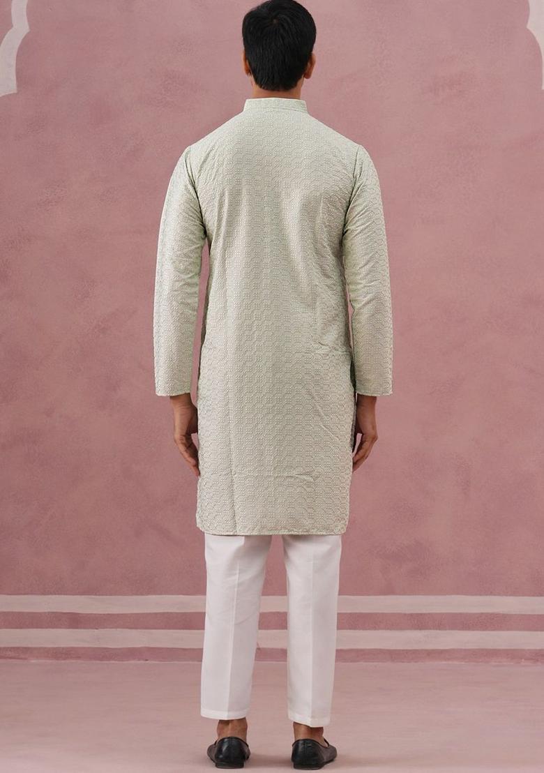 Lime Green Self Design Silk Kurta Set For Men - Indya