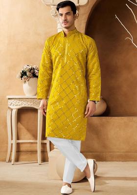 Yellow Embroidered Cotton Kurta Set For Men