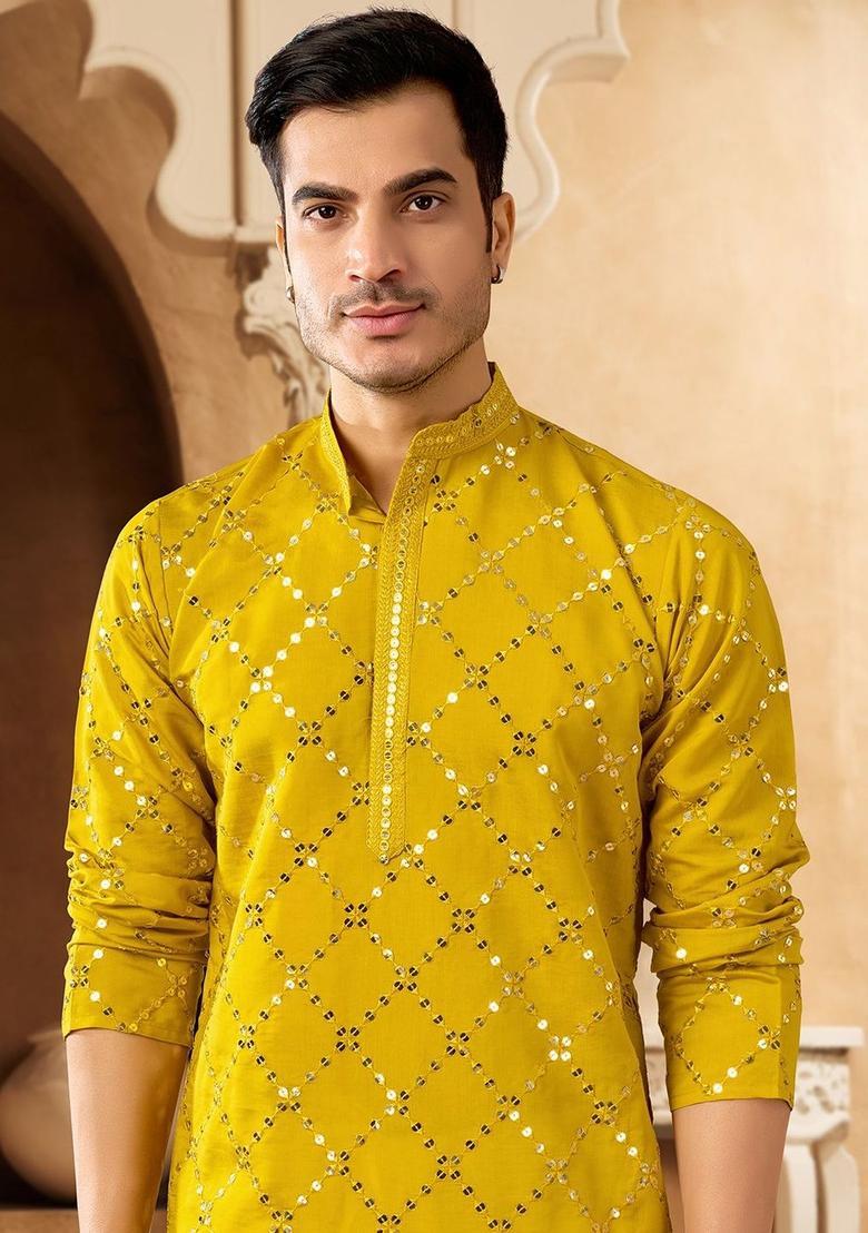 Yellow Embroidered Cotton Kurta Set For Men - Indya