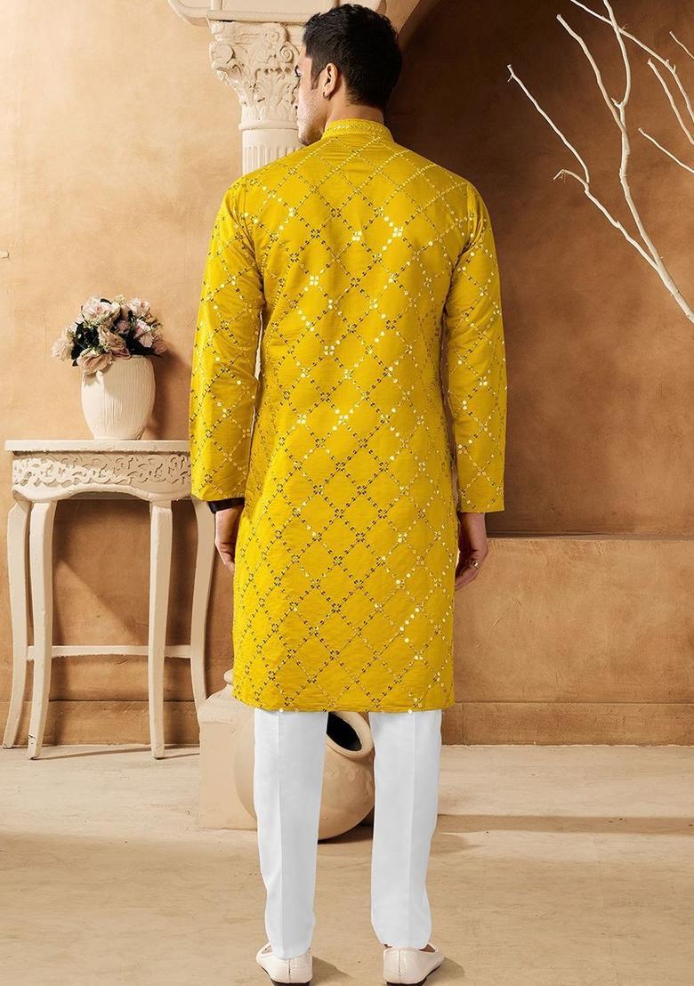 Yellow Embroidered Cotton Kurta Set For Men - Indya