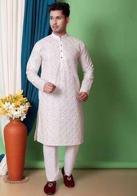 White Embroidered Cotton Kurta Set For Men