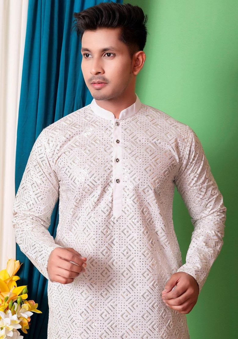 White Embroidered Cotton Kurta Set For Men - Indya