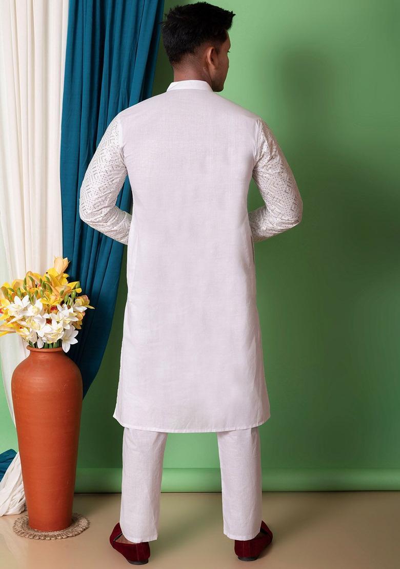 White Embroidered Cotton Kurta Set For Men - Indya