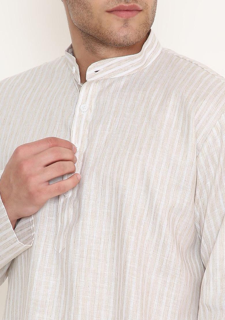 Beige Striped Cotton Kurta Set For Men - Indya