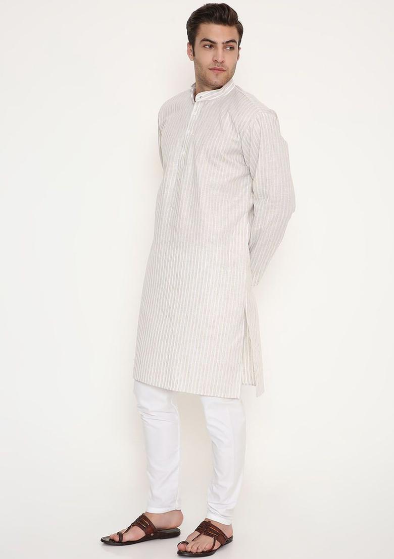 Beige Striped Cotton Kurta Set For Men - Indya