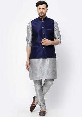 Silver Solid Silk Kurta Set For Men