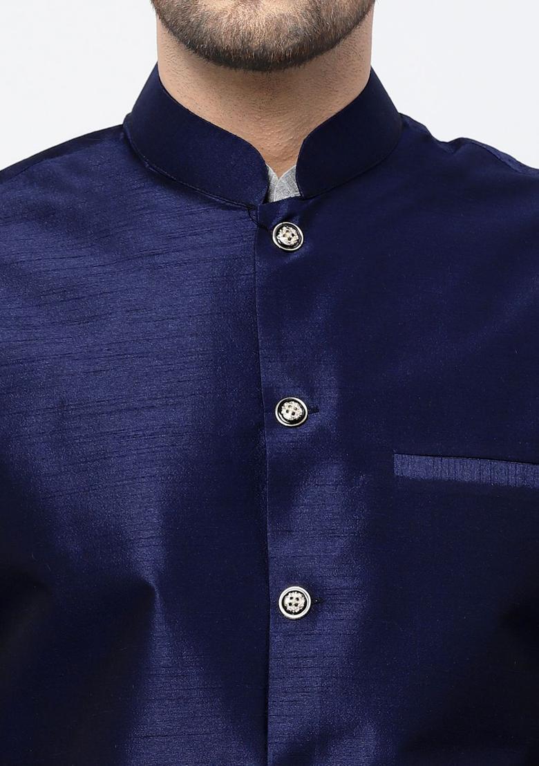 Silver Solid Silk Kurta Set For Men - Indya