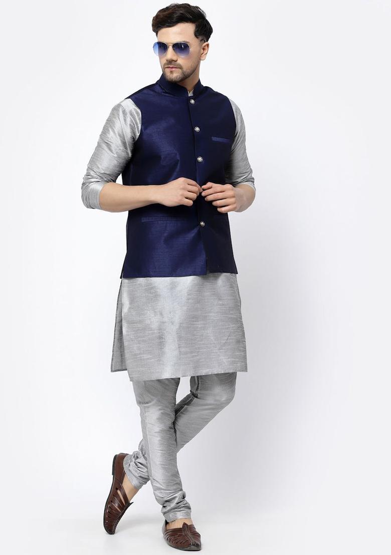Silver Solid Silk Kurta Set For Men - Indya