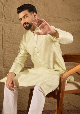 Lime Green Self Design Silk Kurta Set For Men