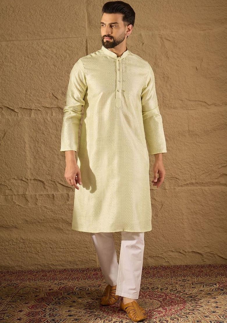 Lime Green Self Design Silk Kurta Set For Men - Indya