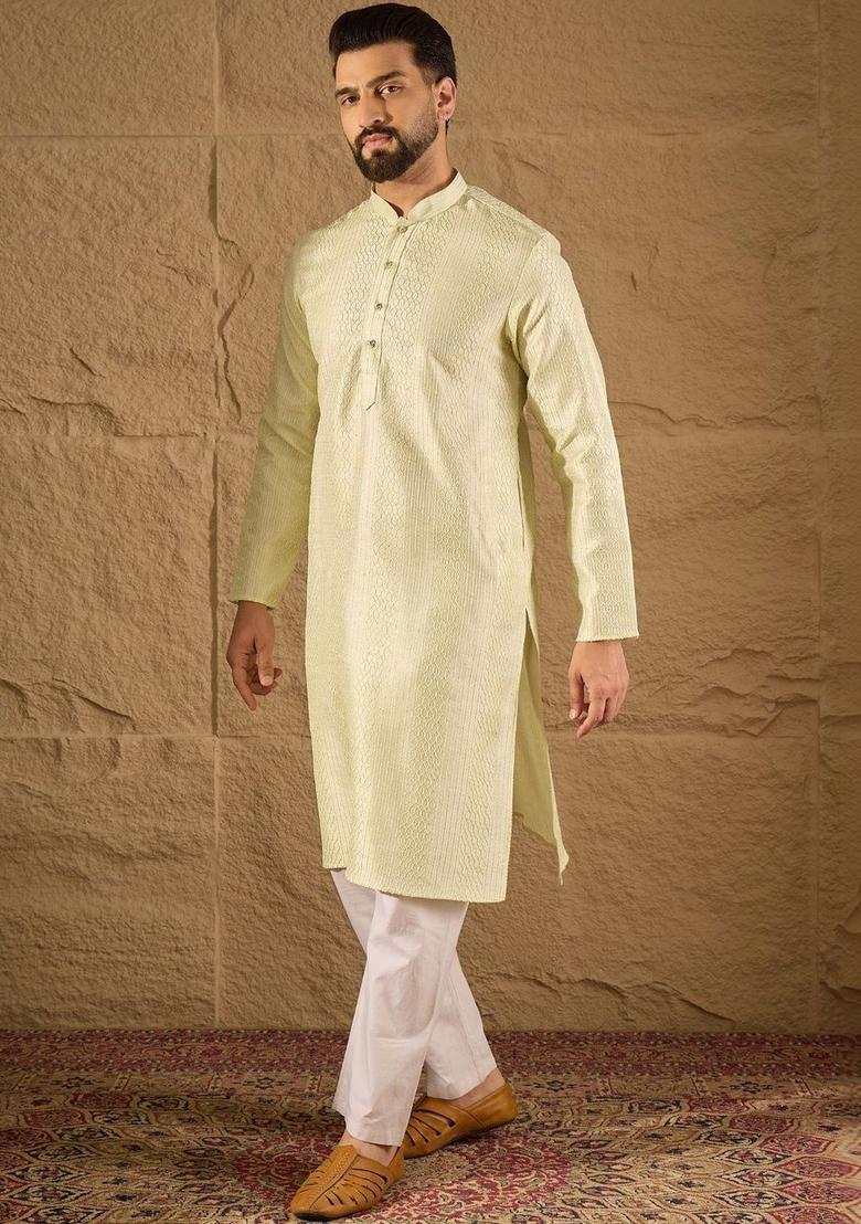 Lime Green Self Design Silk Kurta Set For Men - Indya