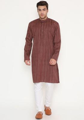 Brown Woven Design Cotton Kurta Set For Men