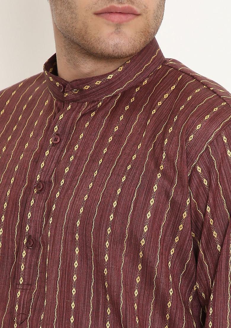 Brown Woven Design Cotton Kurta Set For Men - Indya