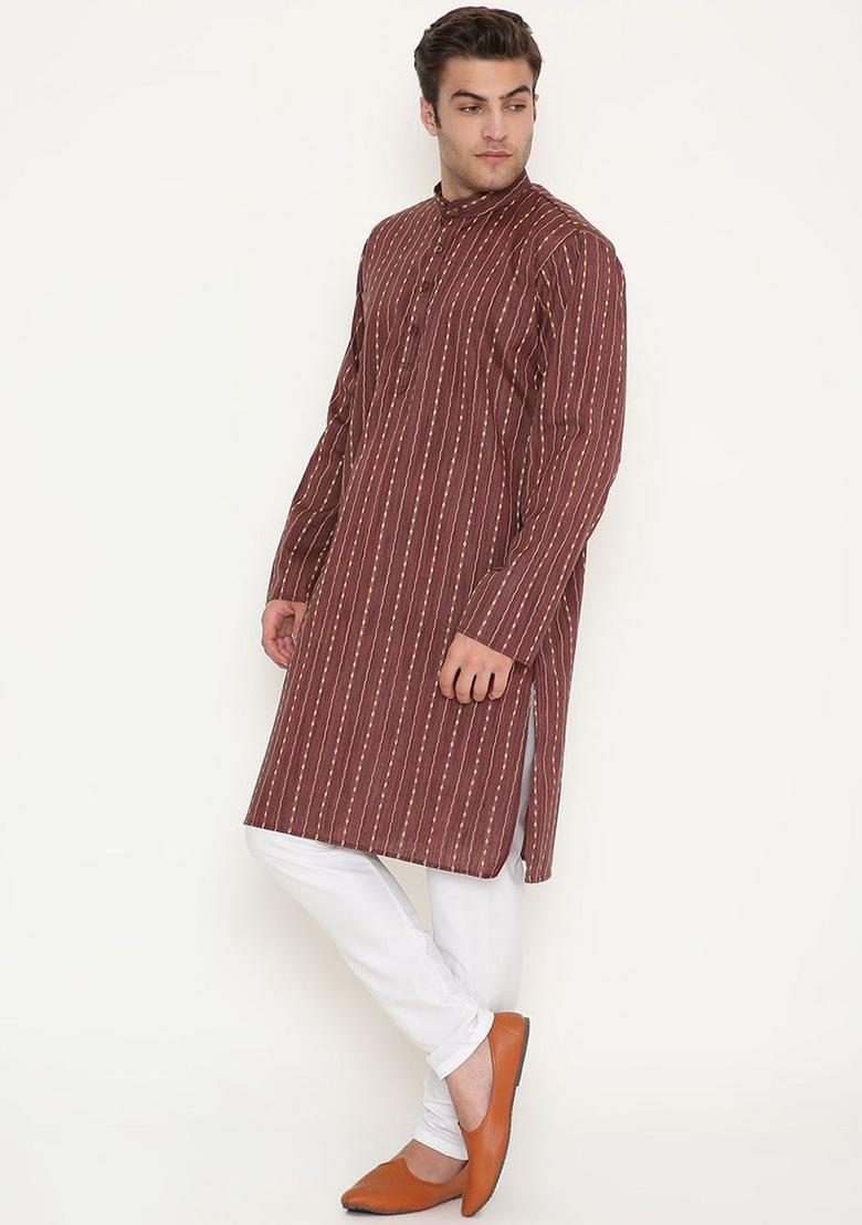 Brown Woven Design Cotton Kurta Set For Men - Indya