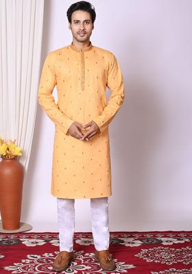 Peach Embroidered Cotton Kurta Set For Men