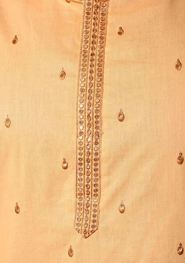Peach Embroidered Cotton Kurta Set For Men - Indya