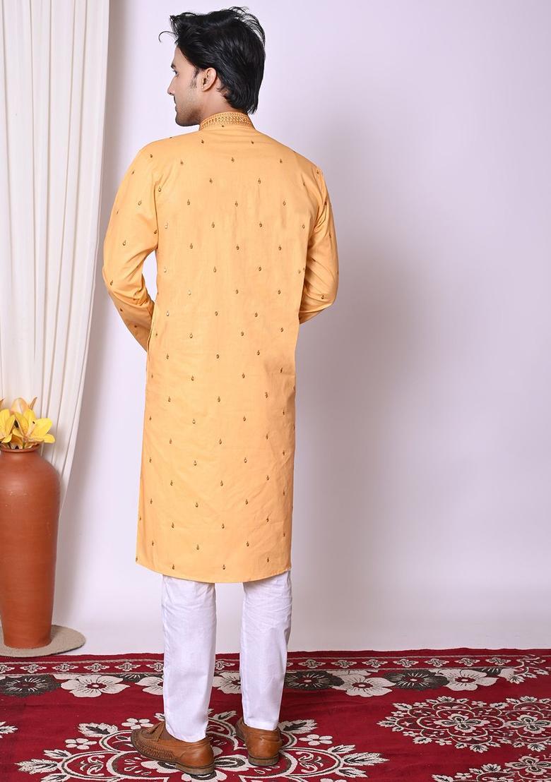 Peach Embroidered Cotton Kurta Set For Men - Indya