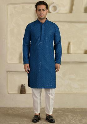 Navy Blue Embroidered Viscose Kurta Set For Men