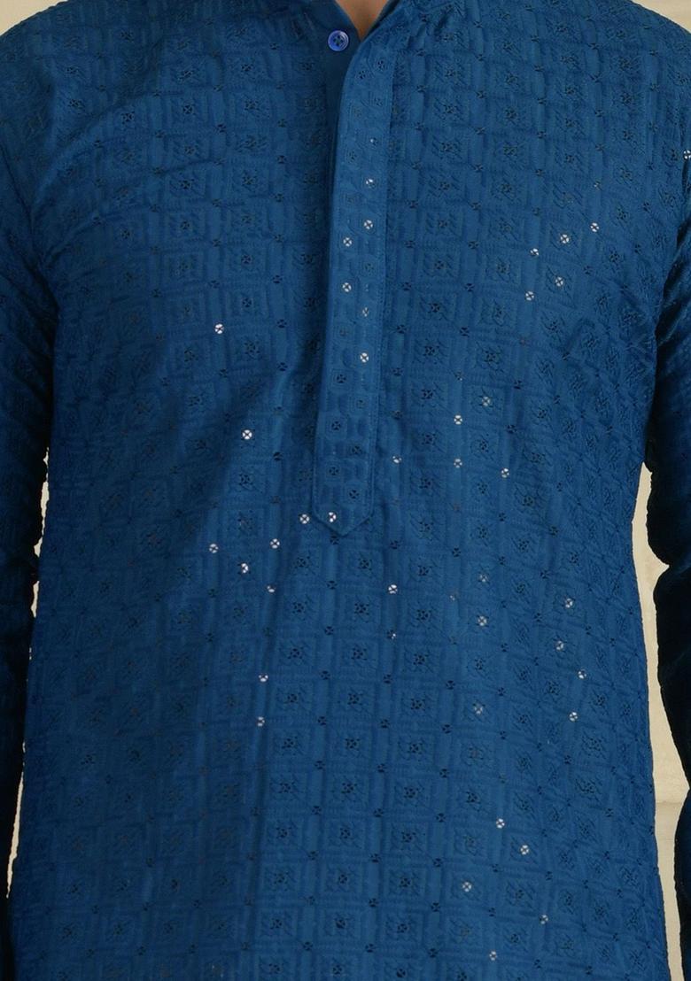 Navy Blue Embroidered Viscose Kurta Set For Men - Indya