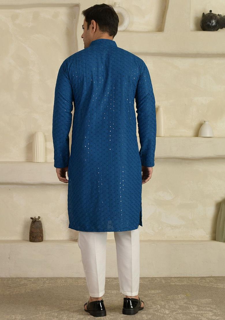 Navy Blue Embroidered Viscose Kurta Set For Men - Indya