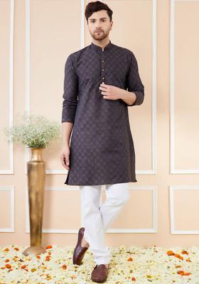 Black Woven Design Silk Kurta Set For Men