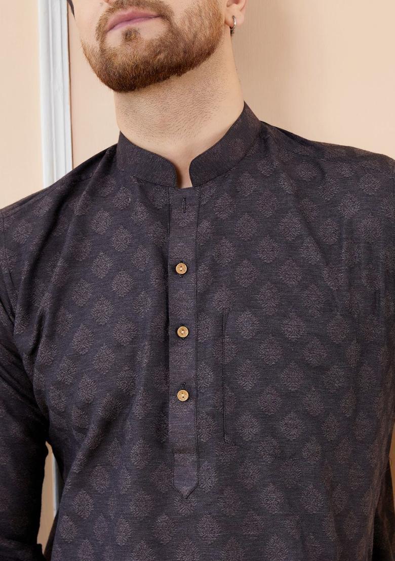 Black Woven Design Silk Kurta Set For Men - Indya