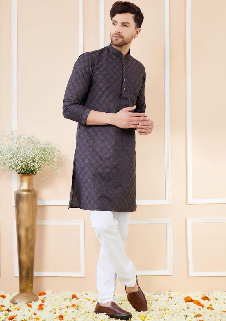 Black Woven Design Silk Kurta Set For Men - Indya