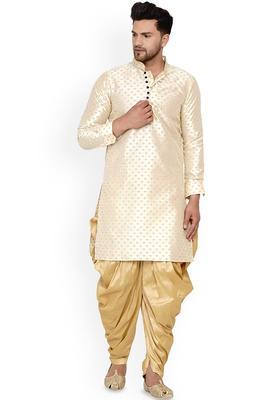 Beige Woven Design Silk Blend Kurta Set For Men